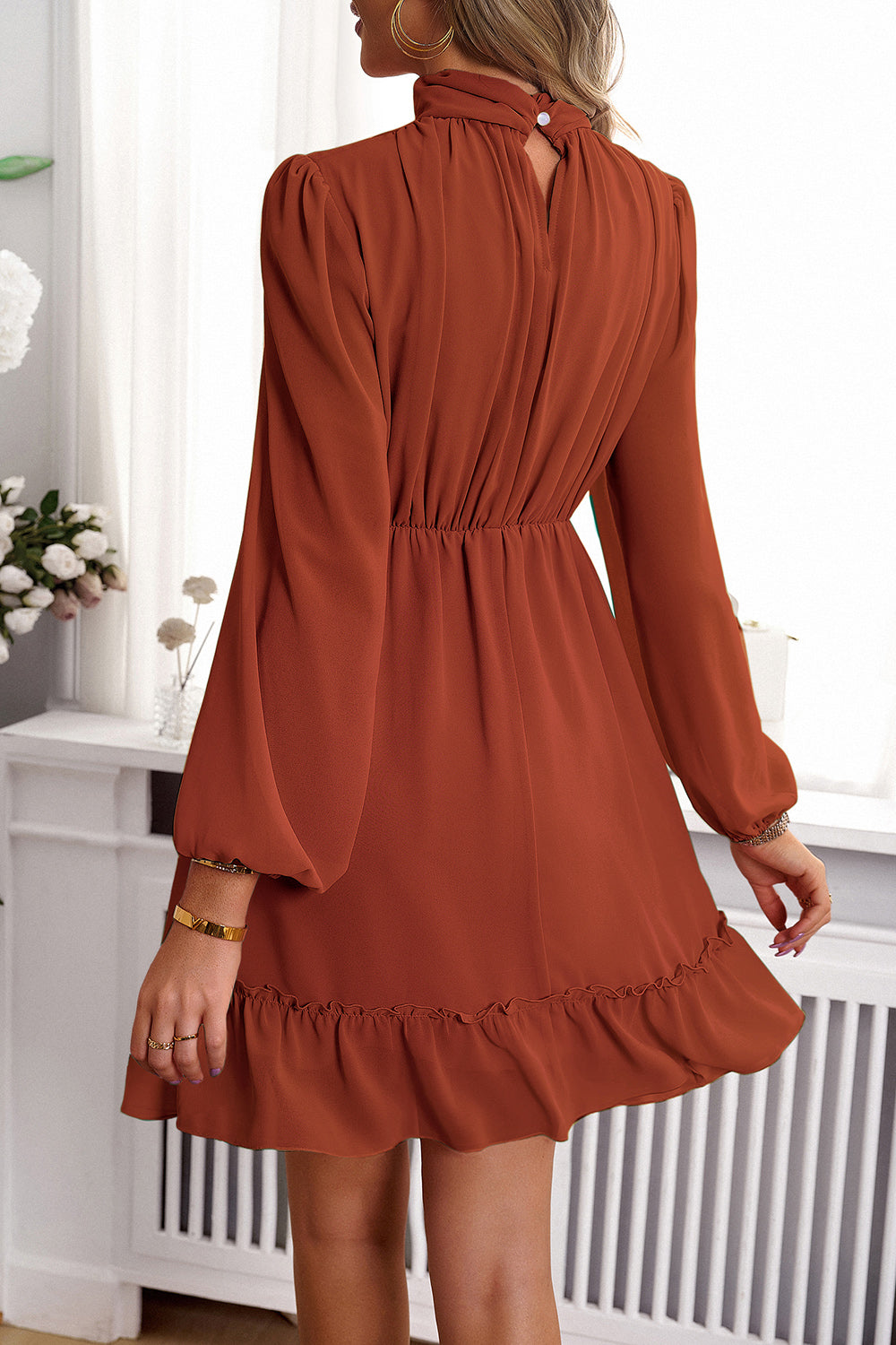 Frill Ruched Mock Neck Balloon Sleeve Dress