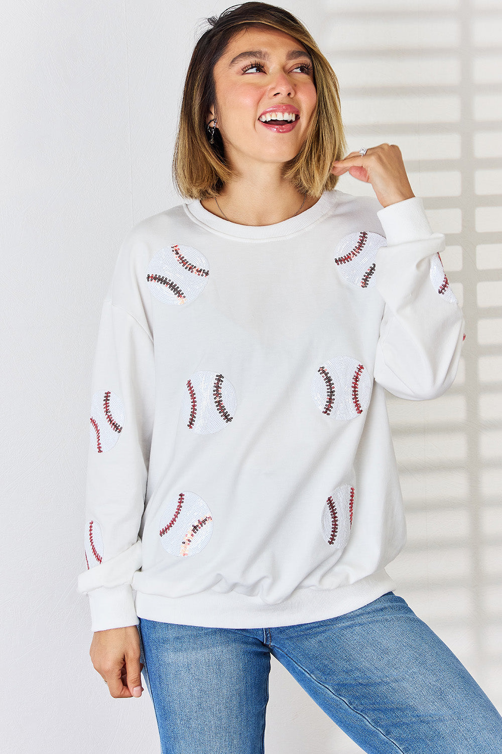 Sequin Ball Round Neck Dropped Shoulder Sweatshirt