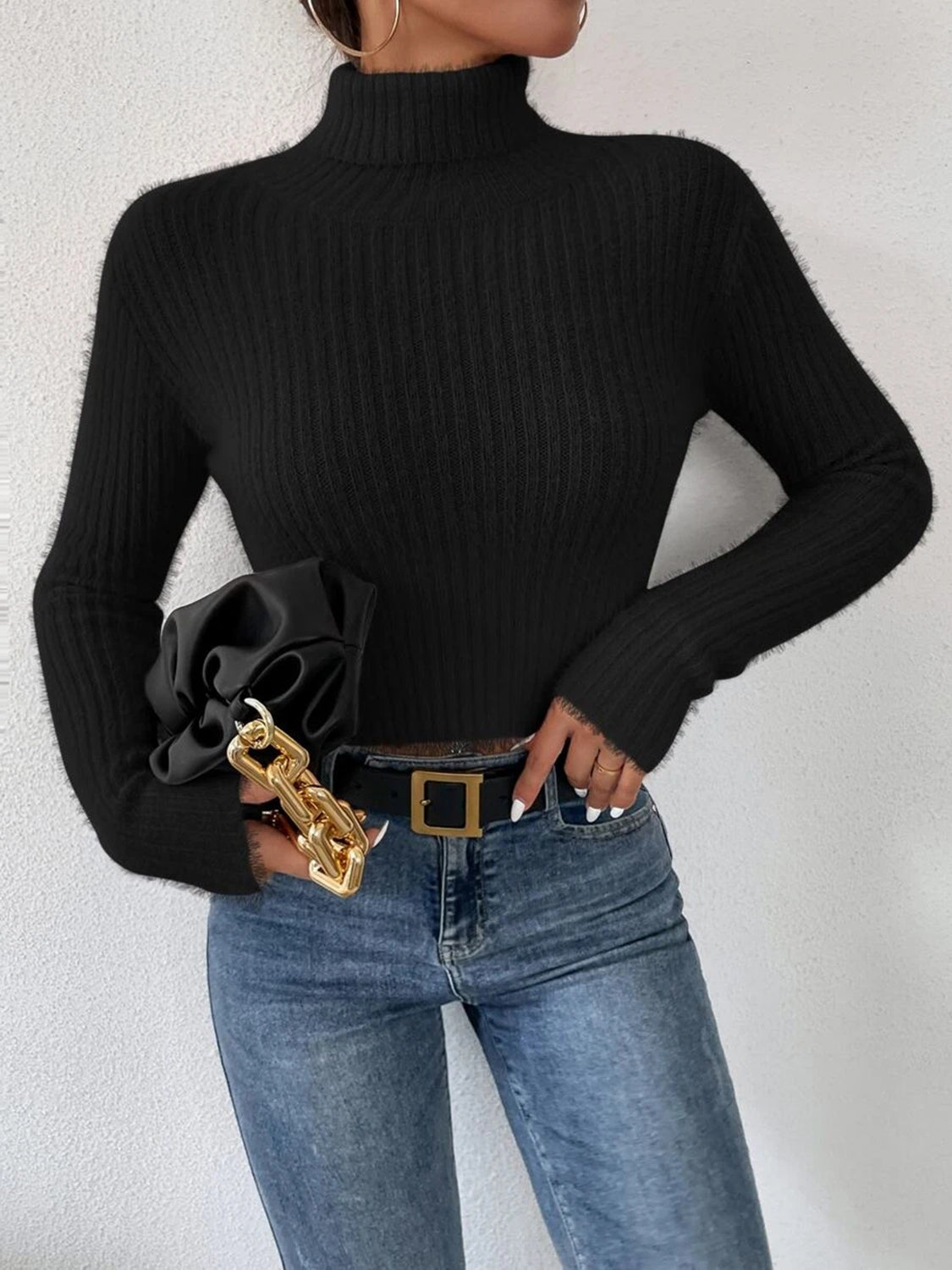 Ribbed Turtleneck Long Sleeve Sweater