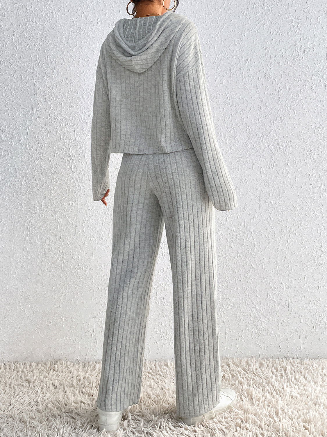 Drawstring Ribbed Hoodie and Straight Leg Pants Set