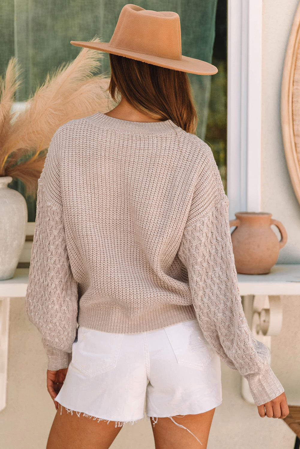 Round Neck Lantern Sleeve Sweater