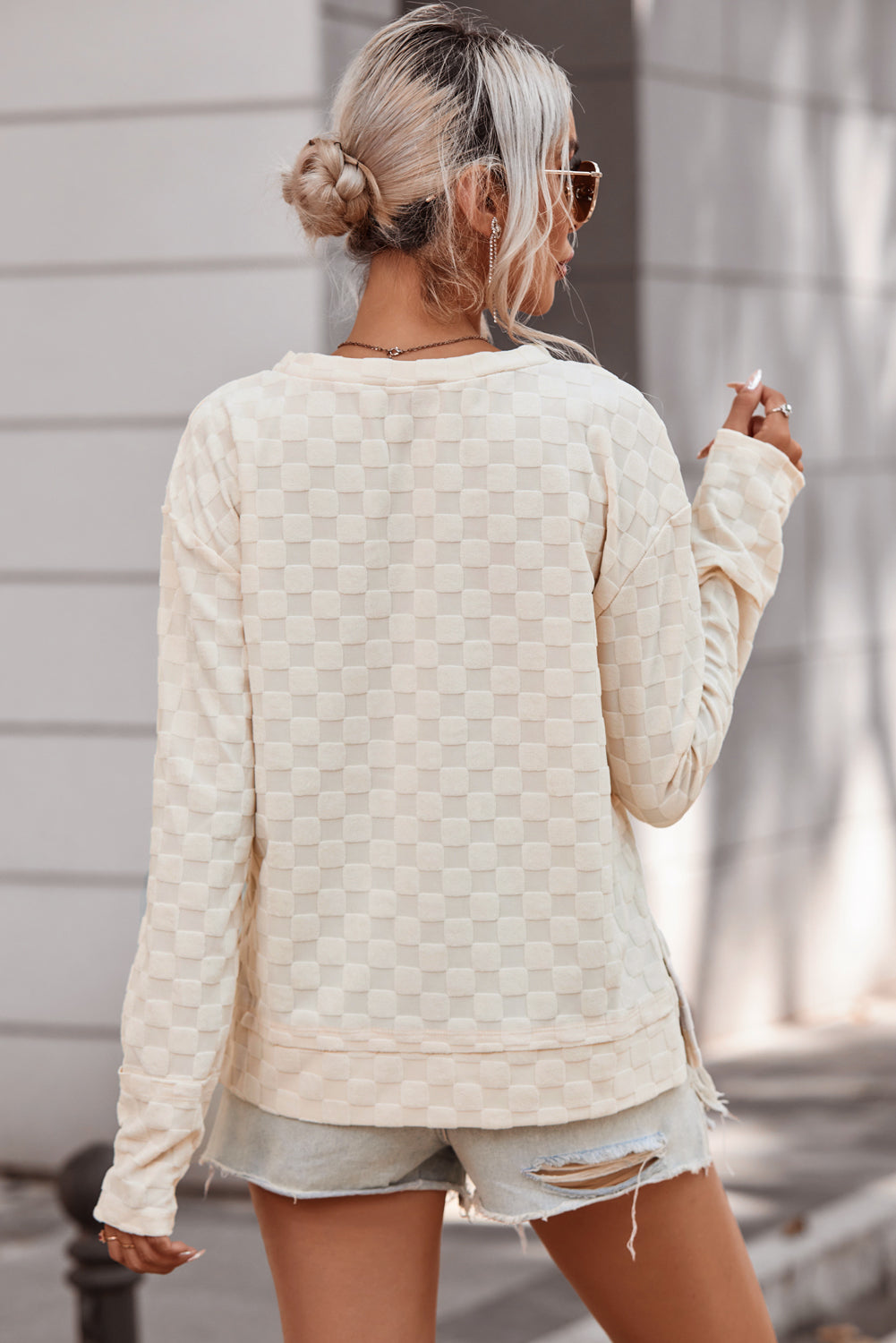 Checkered Round Neck Long Sleeve T-Shirt