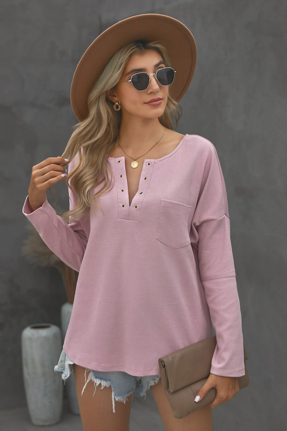 Grommet Long Sleeve V-Neck Top