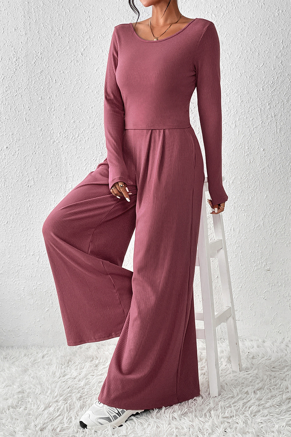 Ribbed Round Neck Top and Wide-Leg Pants Set