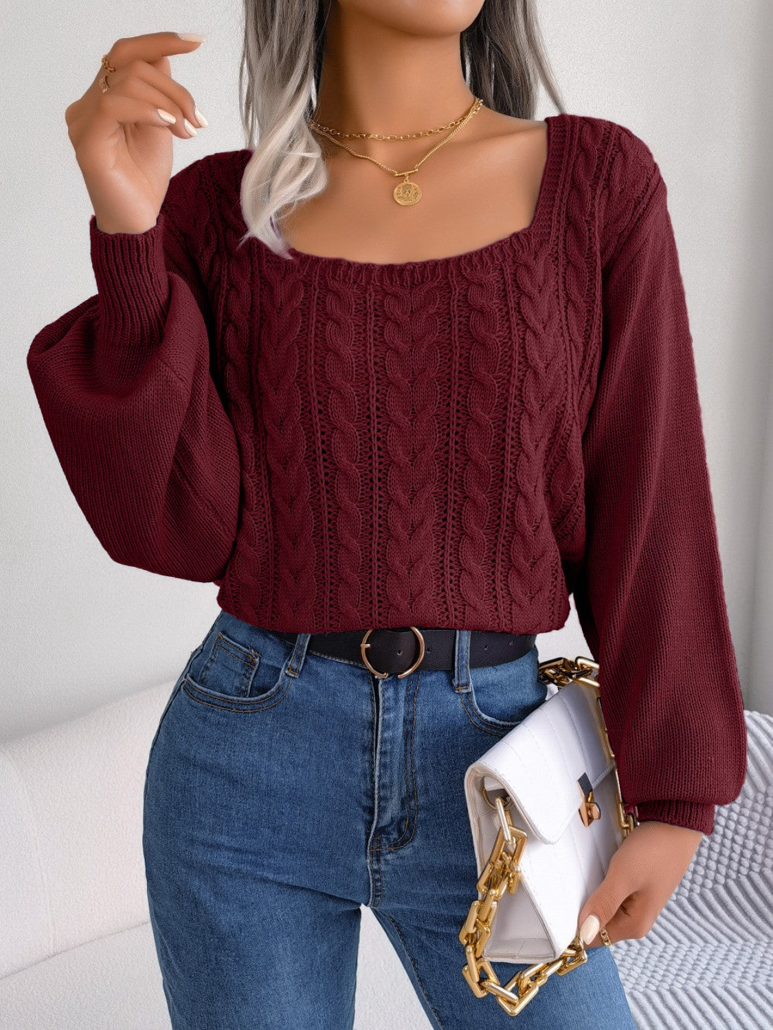 Cable-Knit Square Neck Long Sleeve Sweater