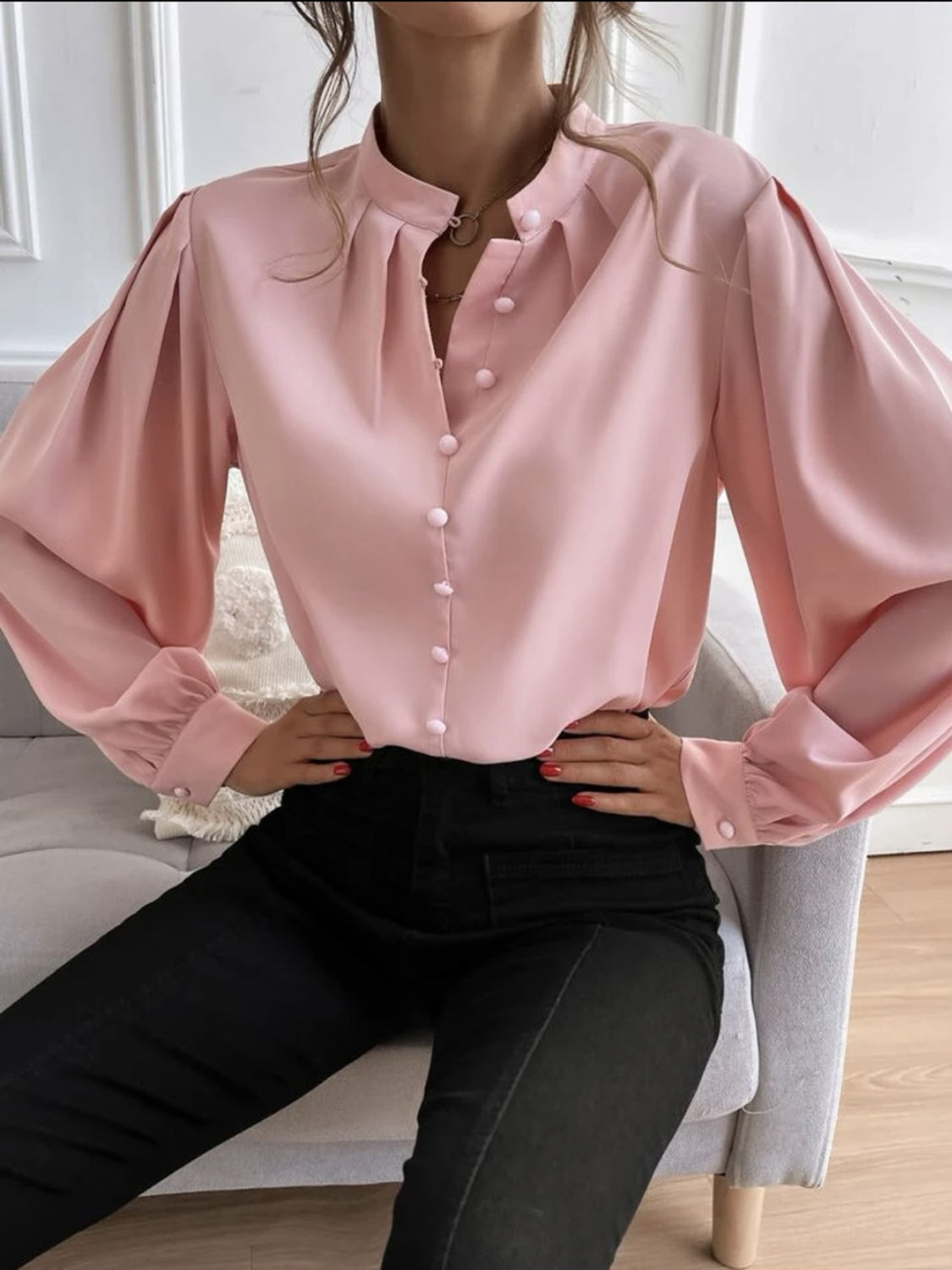 Mock Neck Button Front Shirt