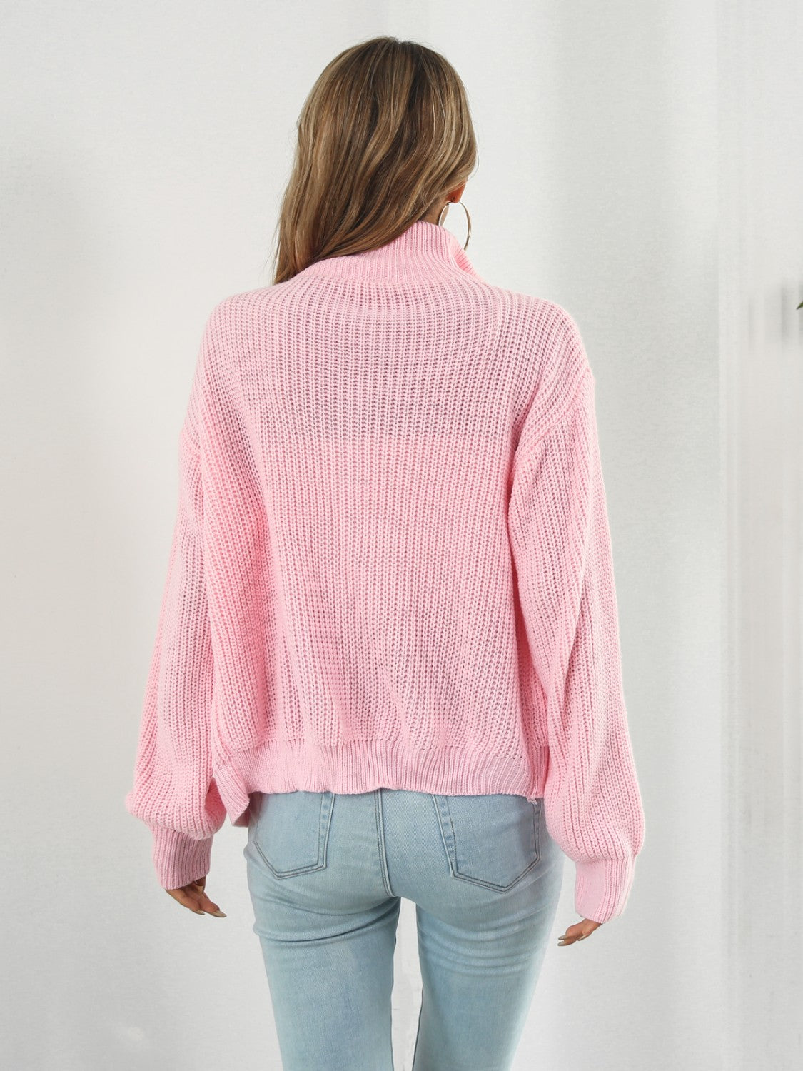 Turtleneck Zip Up Long Sleeve Knit Top