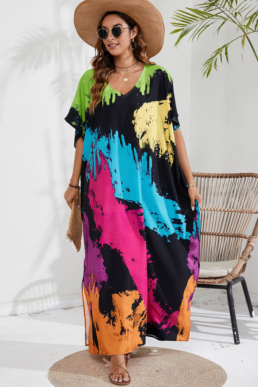 Slit Printed V-Neck Short Sleeve Cover Up