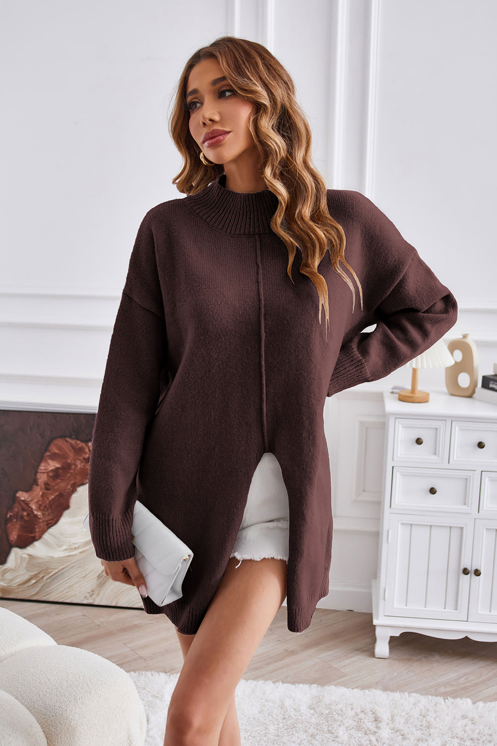 Exposed Seam Mock Neck Slit Sweater